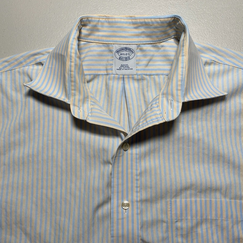 Brooks Brothers 1818 Dress Shirt 16.5 2 3 Slim Blue Orange Striped READ